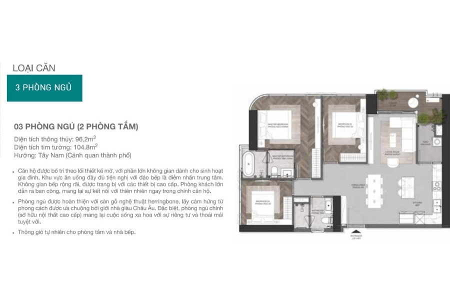 Layout mặt bằng căn hộ 3 phòng ngủ Eaton Park