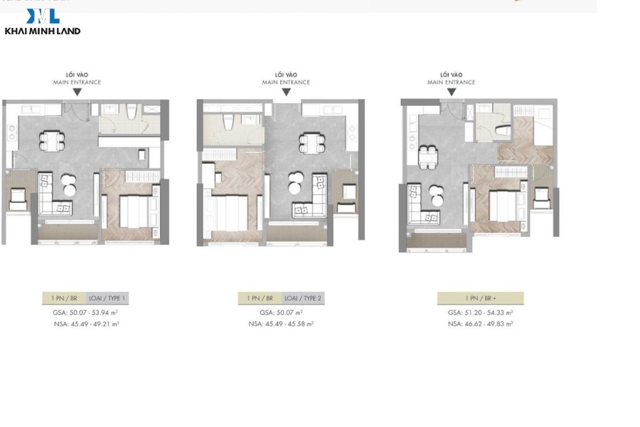 Layout căn hộ 1 phòng ngủ 