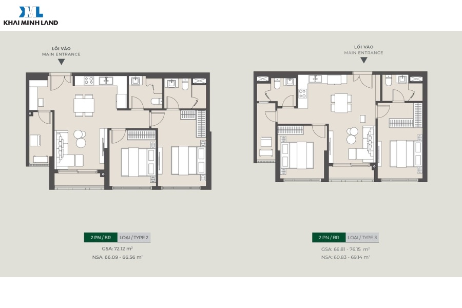 Layout mặt bằng căn hộ 2 phòng ngủ 