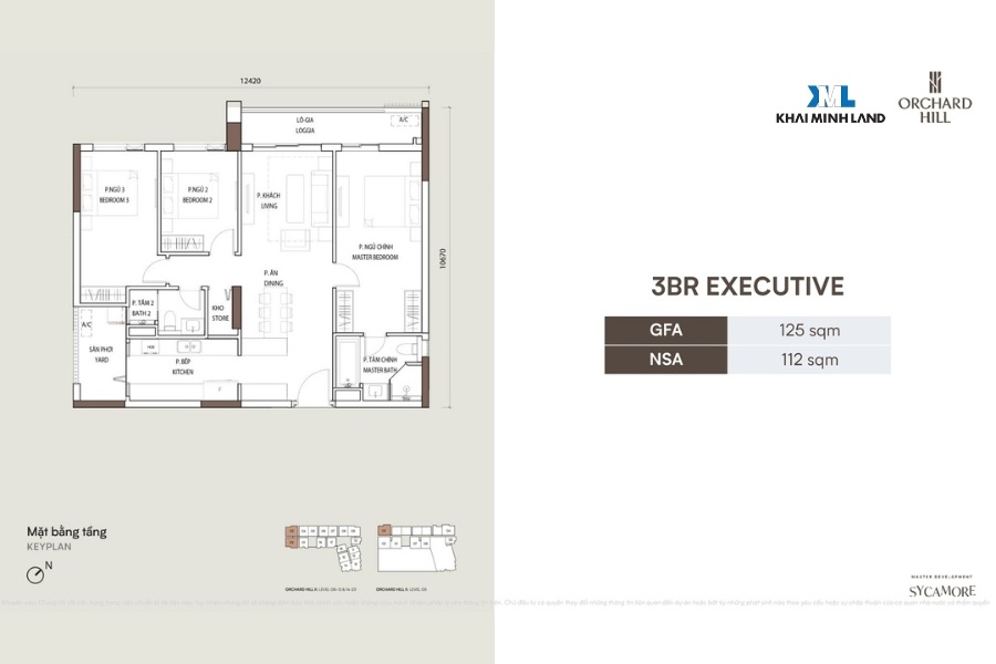 Layout mặt bằng căn hộ 3 phòng ngủ Executive dự án Orchard Hill