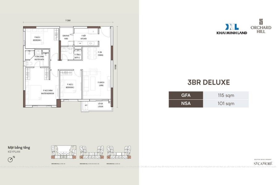 Layout mặt bằng căn hộ 3 phòng ngủ Deluxe dự án Orchard Hill