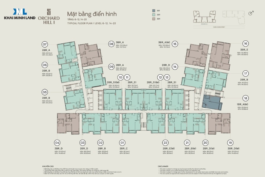 Mặt bằng điển hình block Orchard Hill 1 tầng 6-12, 14-23