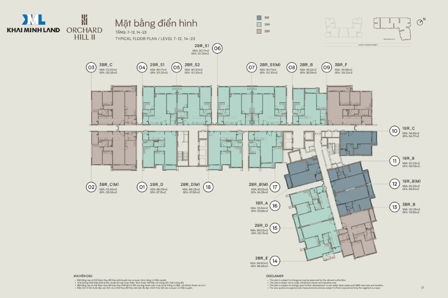 Mặt bằng điển hình block Orchard Hill 2 tầng 7-12, 14-23